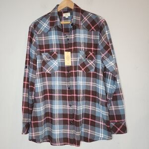 NWT Matchstick Plaid Flannel button shirt. Roll tab sides Pink blue. Size XL.